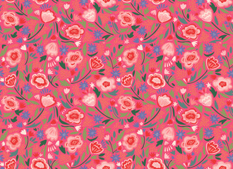 手描き　カラフルな花柄　シームレスパターン（ピンク）