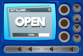 Cartoon Computer With the word Open. Message of a screen displaying an installation window.