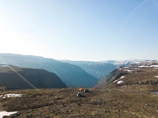Tents at the edge of the canyon on the Putorana Plateau. Russia