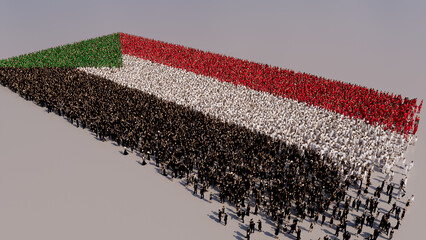 A Crowd of People gathering to form the Flag of Sudan. Sudanese Banner on White.