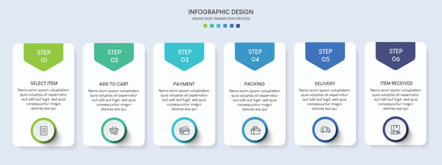 Process of online shopping with 6 steps. Steps business timeline process infographic template