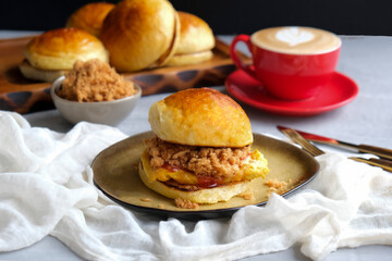 Delicious healthy homemade pastry meal. Chicken Meat Floss Egg Sandwich. Great for breakfast, brunch or lunch