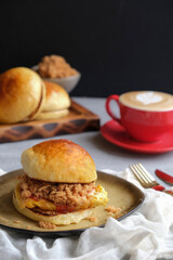 Fototapeta na wymiar Delicious healthy homemade pastry meal. Chicken Meat Floss Egg Sandwich. Great for breakfast, brunch or lunch