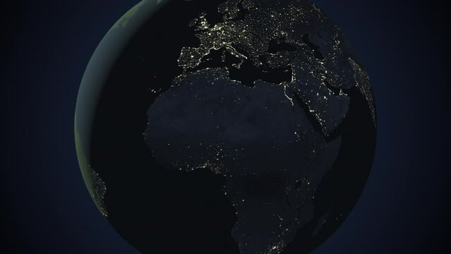 Seamless looping animation of the earth at night zooming in to the 3d map of Jordan with the capital and the biggest cites in 4K resolution