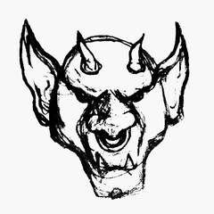 Drawing of the face of an angry gargoyle.  Ink drawing of a demon's head. Sketch of a monster. Illustration with halloween theme. Graphic resource for posters, digital art, stickers, wallpapers. 