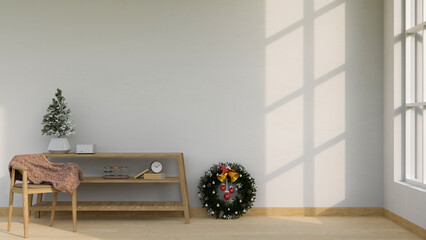 Minimal Scandinavian living room with armchair, wood table and Christmas wreath