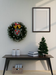 Modern living room on Christmas holiday with small Christmas tree, Christmas wreath