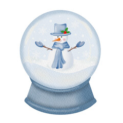 Watercolor christmas snowball globe with snowman.