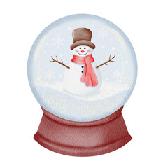 Watercolor christmas snowball globe with snowman.