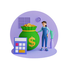 girl with calculator and sack of money 3d character illustration