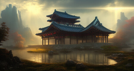 Fototapeta na wymiar chinese temple at sunset