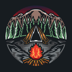 vintage camping tent with campfire vectors illustration