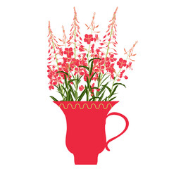 vector drawing tea cup with fireweed flowers, willowherb flowering plants, herbal tea, hand drawn illustration