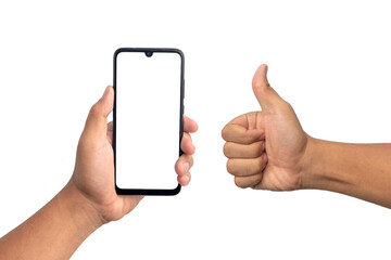 close up of hand gesture holding smartphone and thumbs up isolated on white background