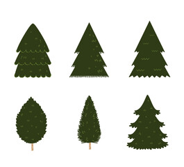 A various set of cute plain Christmas tree with lovely decoration ts flat vector illustration isolated on white background. Merry Christmas and Happy New Year.