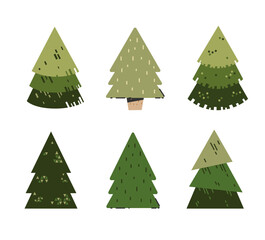 A various set of cute plain Christmas tree with lovely decoration ts flat vector illustration isolated on white background. Merry Christmas and Happy New Year.