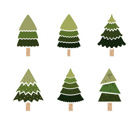 A various set of cute plain Christmas tree with lovely decoration flat vector illustration isolated on white background. Merry Christmas and Happy New Year.