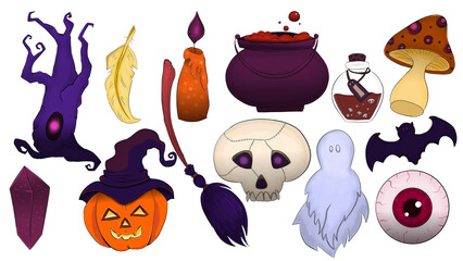 Halloween set with a tree, a feather, a candle, a cauldron, the potion, a mushroom, a crystal, a pumpkin with hat, a broom, a skull, a ghost, a bat and an eyeball