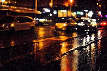 Rainy night city with street lights reflections 07