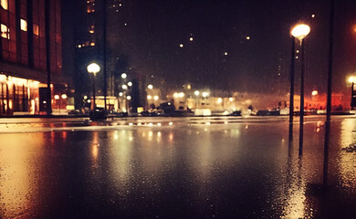 Rainy night city with street lights reflections 08