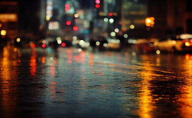 Rainy night city with street lights reflections 09