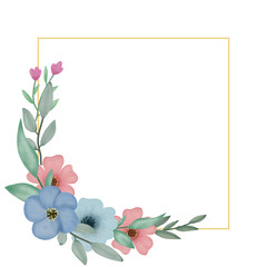 Watercolor leaves and blue flower bouquet wreath frame digital painting or watercolor floral frame