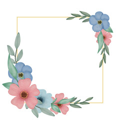 Watercolor leaves and blue flower bouquet wreath frame digital painting or watercolor floral frame