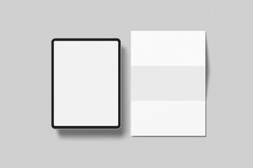 Tablet and letterhead mockup on the minimal background. Modern tablet display mockup scene. Tablet with empty screen. 