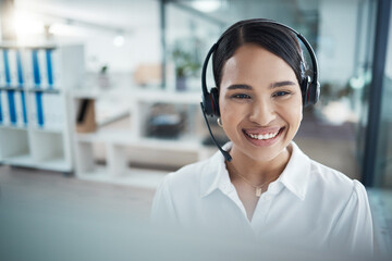 Woman, smile and crm in call center, customer service and communication at office. Customer...