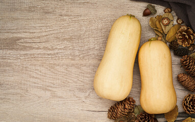 flat lay or top view butternut squash or butternut pumpkin gramma on wood table kitchen background....