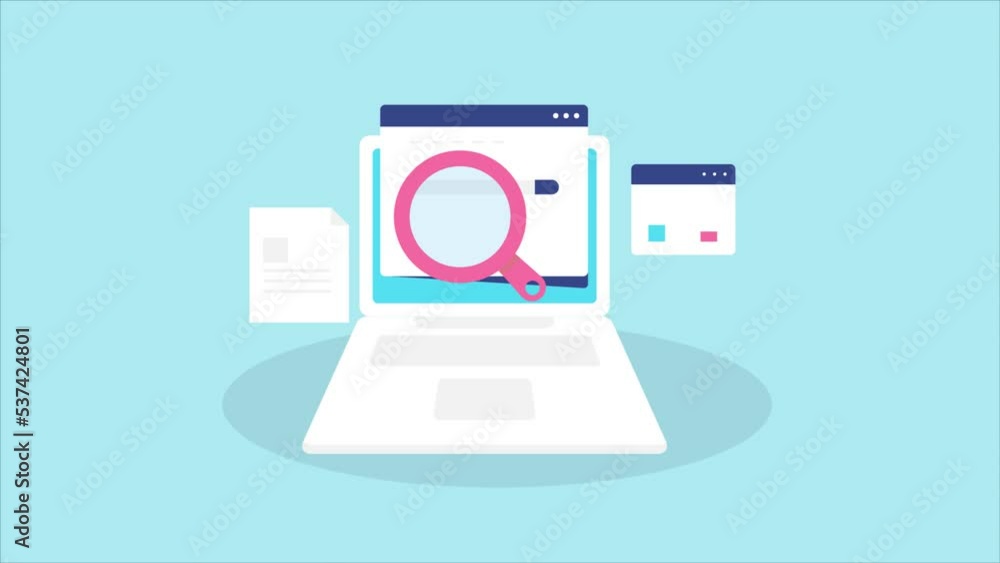 Poster animation concept of seo, website on laptop screen with magnifier, document and data analytics.