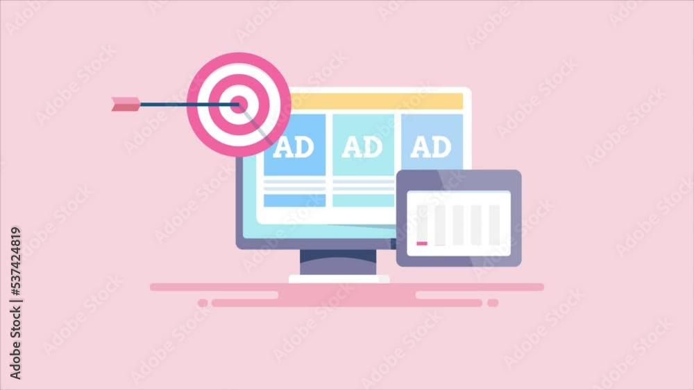 Poster digital ad targeting increasing web traffic graph, advertising on computer screen, animation concept