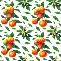 A branch with ripe tangerines, a flowering branch, leaves. Dynamic watercolor seamless pattern. Bright tropical fruits.