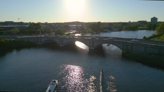 Aerial view of Cambridge and Anderson Memorial Bridge leading to Weld Boathouse, Harvard on Charles River, Cambridge, Boston, Massachusetts, USA