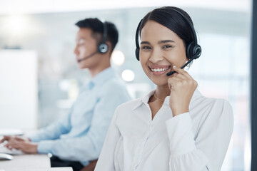 Woman, call center and smile consultant in office, workspace and with headset for customer...