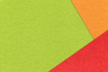 Craft green color paper background with red and orange border. Vintage olive cardboard. Presentation template