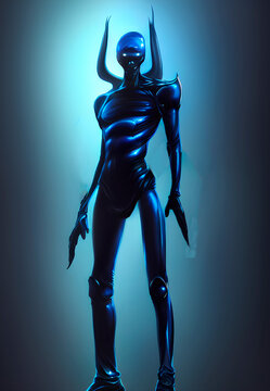 Blue alien armor character with helmet