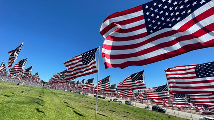 Malibu, California, USA - September 11, 2022: Annual 9-11 "Waves of Flags" Memorial at Pepperdine University. One flag for each victim.