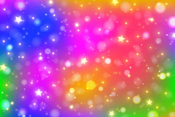 Rainbow fantasy background. Bright multicolored sky with stars, bokeh and sparkles. Holographic wavy illustration. Vector.