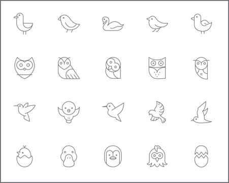 Simple Set of bird Related Vector Line Icons.
Vector collection of owl, sparrow, penguin goose and dove symbols or logo elements in thin outline.