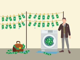 This image is for Money laundering and anti money laundering. Here a person is laundering money with washing machine. USA dollar is laundering to convert black currency into white and legal money.