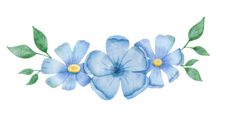Watercolor flowers isolated on white background. Floral bunch with hand drawn leaves and blue flowers . Simple stylized floral border painting