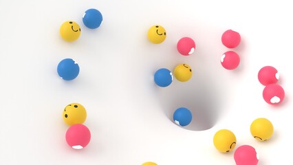 Emoji and likes 3d illustration, social network reactions falling. Can be used to represent social media and online marketing.