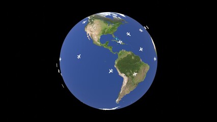 air traffic 3d globe representation, air space of the world. Can be used to represent an international flight, air control tower, flight navigation monitoring