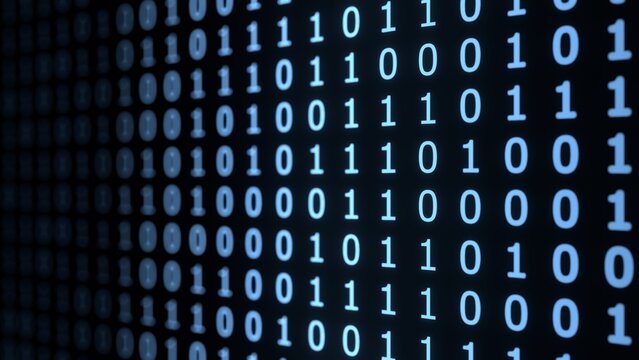binary code 3d representation blue background, cyberspace computation. Computer science boolean numbers, can be used to represent hacking, database, information security or artificial intelligence.