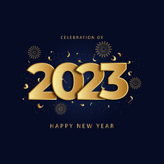 Fototapeta na wymiar celebration of happy new year 2023 gold greeting poster design,new years holiday celebration in december