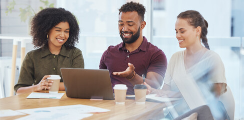 Collaboration, meeting and team working on laptop in the office, brainstorming ideas for a project. Teamwork, diversity and happy business people in business meeting talking about design on computer