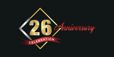 26th anniversary logo with golden and silver box, confetti and red ribbon isolated on elegant black background, vector design for greeting card and invitation card
