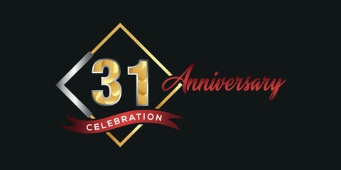 31st anniversary logo with golden and silver box, confetti and red ribbon isolated on elegant black background, vector design for greeting card and invitation card
