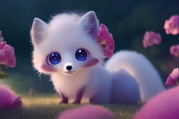 Cartoon white fluffy baby fox with big eyes on a green lawn with pink flowers